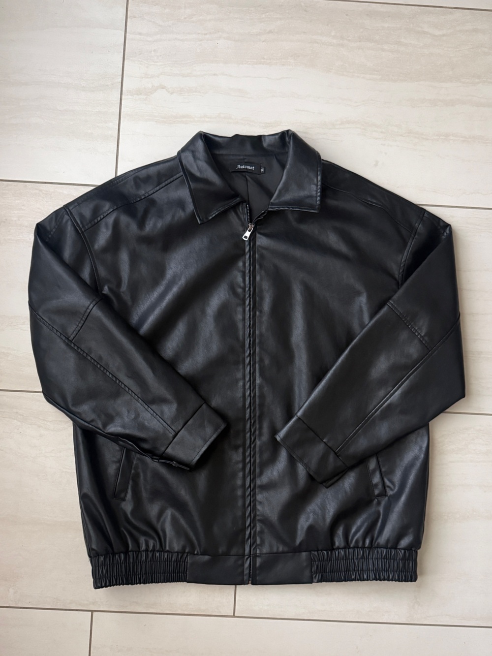 Oversized Black Faux Leather Bomber Jacket